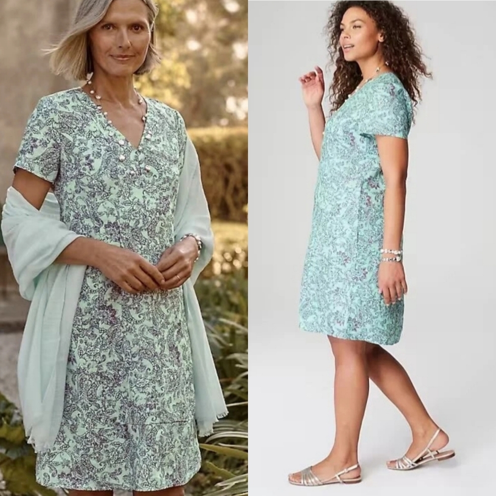 J.Jill Sea Glass Jacobean Paisley Linen Dress Size M New Wit Tag Pockets, V neck